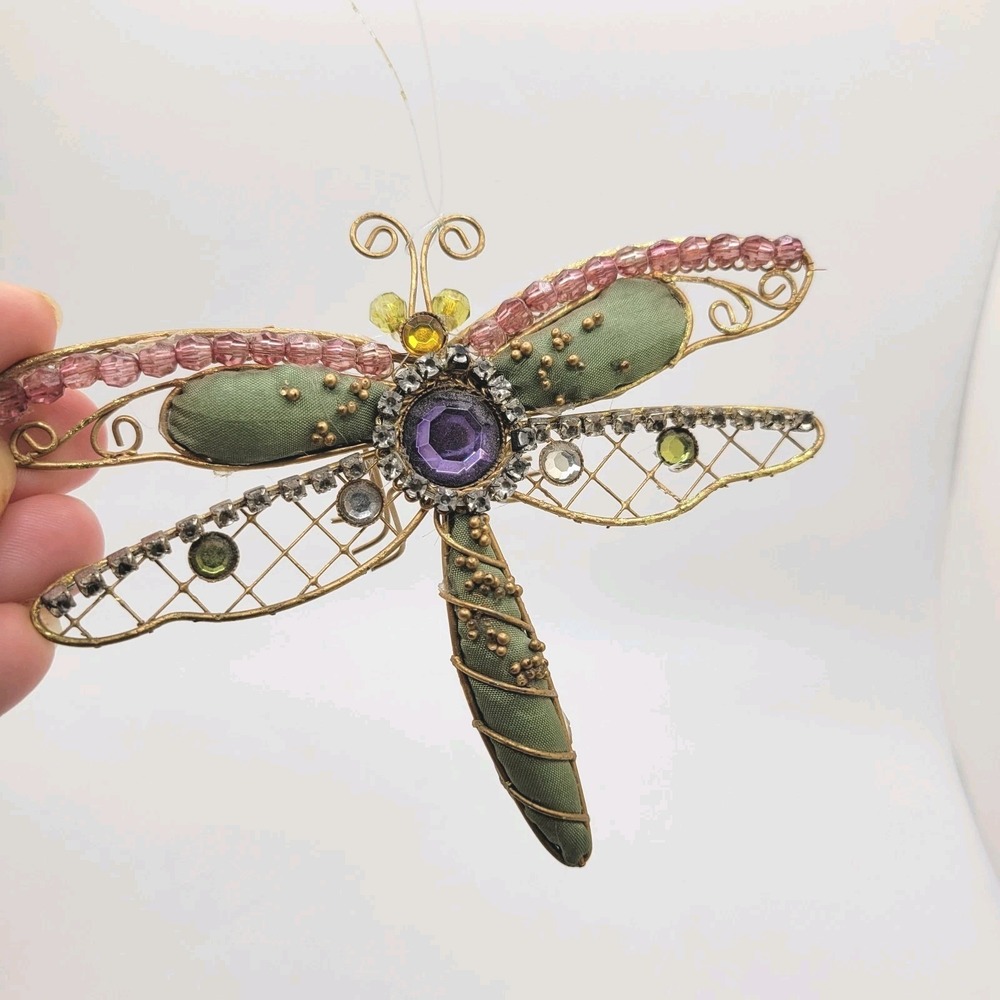 Vintage Dragonfly Ornament Wire Rhinestone Handmade Look Whimsical